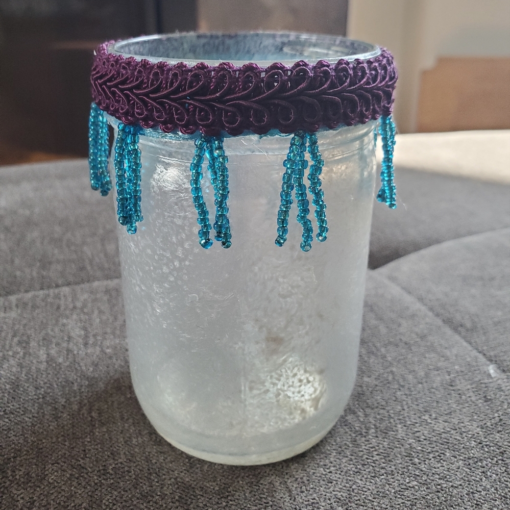 Set of Silver Frosted Pint Jars with Teal & Purple Beaded Trim